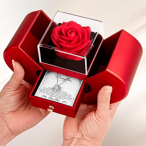To my Daughter / From Dad Love Knot Necklace with Rotating Rose Box