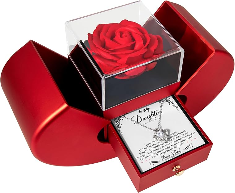 To my Daughter / From Dad Love Knot Necklace with Rotating Rose Box
