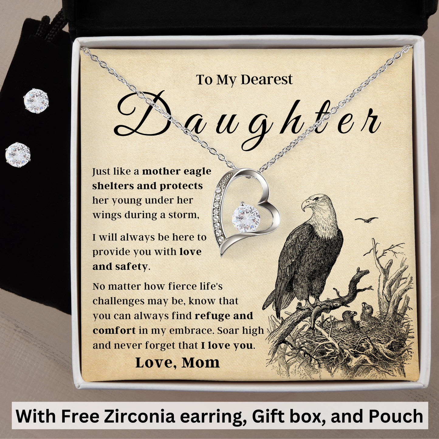 Forever love necklace with Free zirconia earring, gift box, and velvet pouch