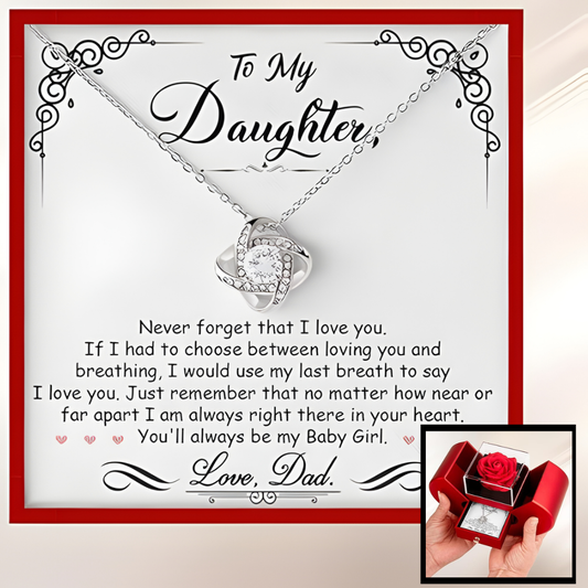 To my Daughter / From Dad Love Knot Necklace with Rotating Rose Box