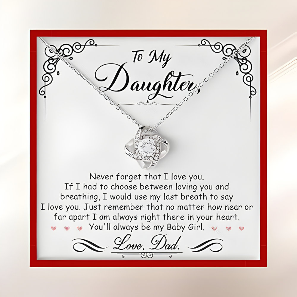 To my Daughter / From Dad Love Knot Necklace with Rotating Rose Box